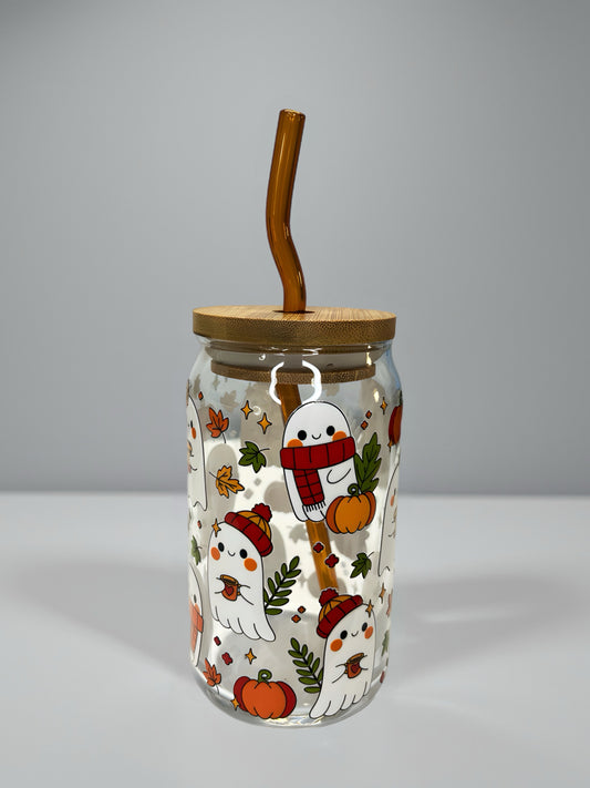 Cute Ghost & Pumpkin Fall Glass Can Cup with Bamboo Lid & Brown Glass Straw – UV DTF Design
