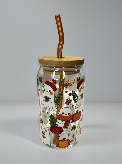 Cute Ghost & Pumpkin Fall Glass Can Cup with Bamboo Lid & Brown Glass Straw – UV DTF Design